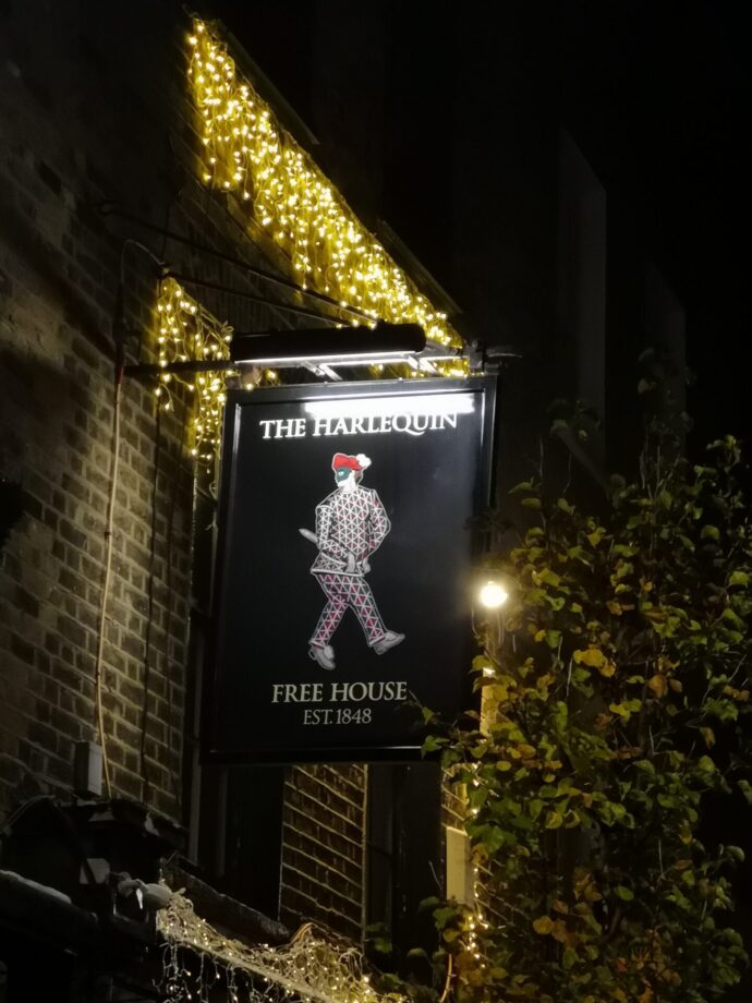 The pub sign at The Harlequin, Clerkenwell, London